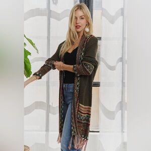 ADORA Olive Green Open-Front Knit Cardigan with Multicolor Trim